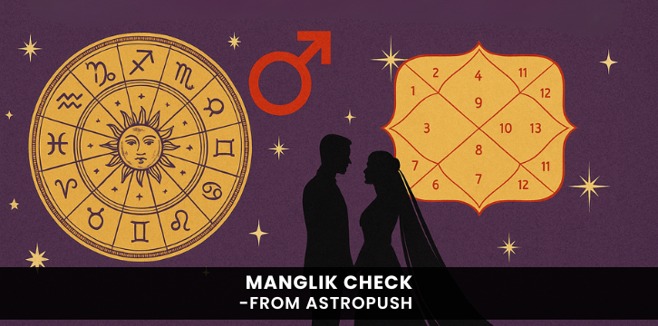 Manglik Check in Marriage Astrology with Mars symbol, zodiac signs, and couple silhouette highlighting astrological impact.
