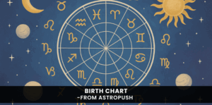 Visual representation of a birth chart with zodiac signs and celestial elements for astrology beginners