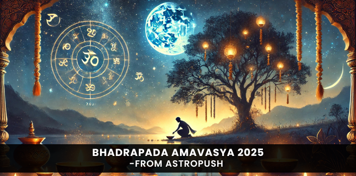 Bhadrapada Amavasya 2025 rituals, significance, and astrological insights with spiritual imagery and ancestral offerings.