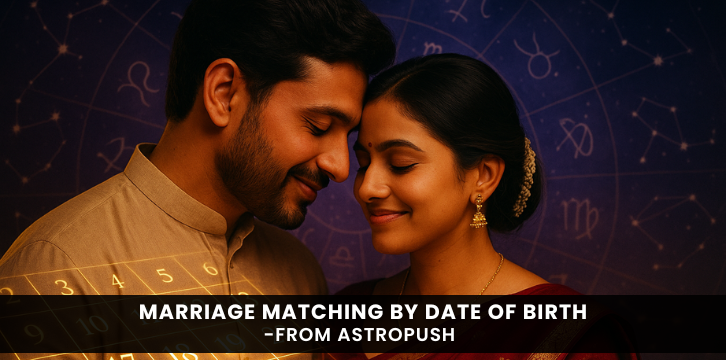 Romantic Indian couple with astrological background symbolizing marriage matching by date of birth for compatibility