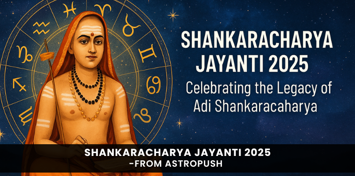 Portrait of Adi Shankaracharya with text Shankaracharya Jayanti 2025 – Honoring his spiritual legacy and teachings.