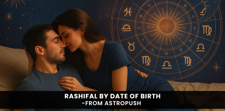 Couple embracing under zodiac signs with cosmic background – Rashifal by Date of Birth by AstroPush astrology blog