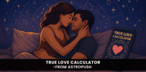 Sensual couple cuddling with astrological symbols in background representing a True Love Calculator concept.
