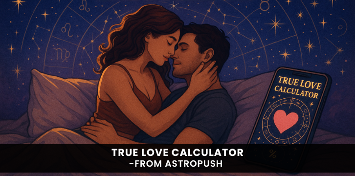 Sensual couple cuddling with astrological symbols in background representing a True Love Calculator concept.