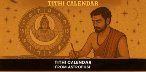 Illustration of Vedic scholar studying Tithi Calendar with astrological symbols for Vedic timekeeping guide.