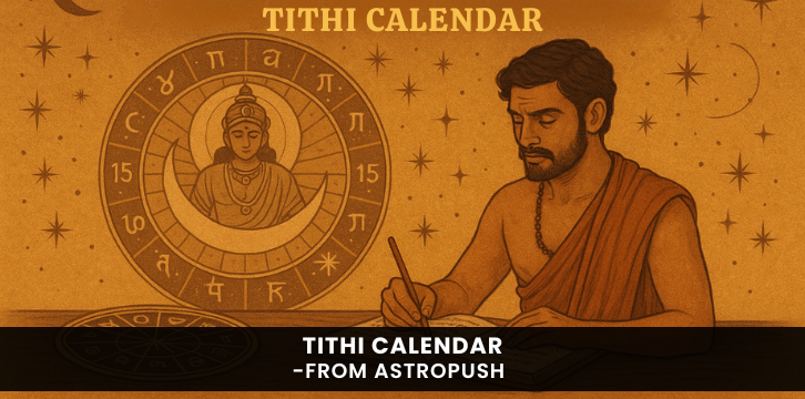 Illustration of Vedic scholar studying Tithi Calendar with astrological symbols for Vedic timekeeping guide.