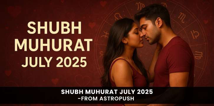 Calendar showing Shubh Muhurat July 2025 with highlighted auspicious timings for weddings, ceremonies, and important life events.