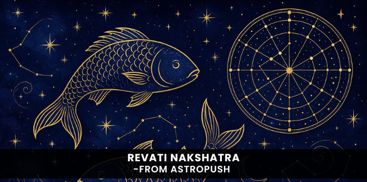 Revati Nakshatra depicted with cosmic symbols, stars, and Pisces imagery representing prosperity and spiritual growth.