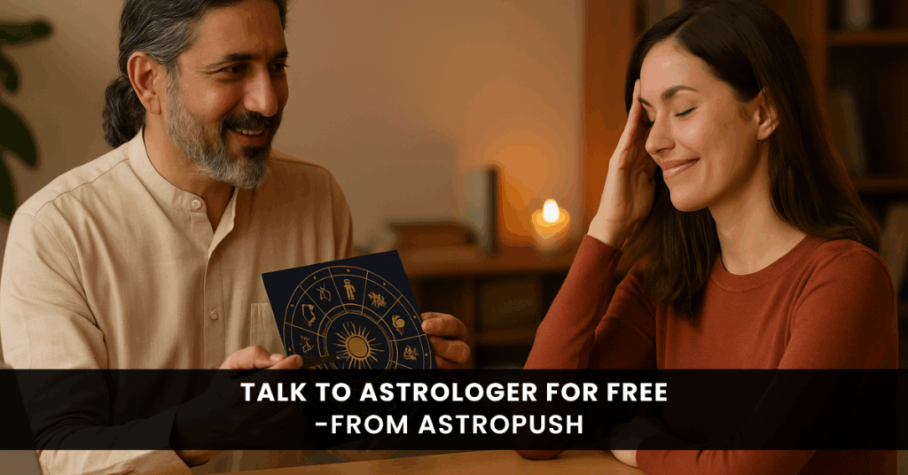 Woman relaxed on couch chatting with astrologer on phone for free real-time predictions using the AstroPush astrology app