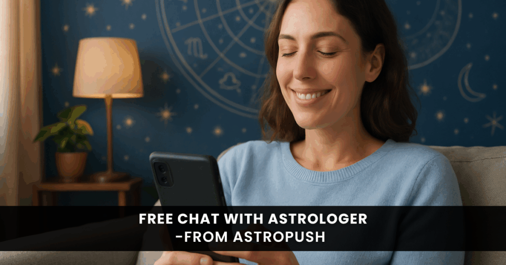 Woman relaxed on couch chatting with astrologer on phone for free real-time predictions using the AstroPush astrology app