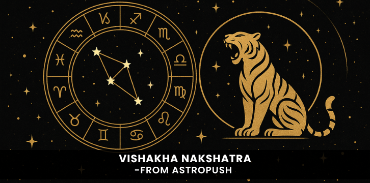 Illustration of Vishakha Nakshatra showing astrological symbols and tiger, representing purpose and determination in Vedic astrology.