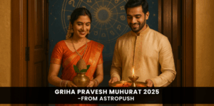 Young Indian couple performing Griha Pravesh rituals during an auspicious muhurat in 2025 for a new home entry.