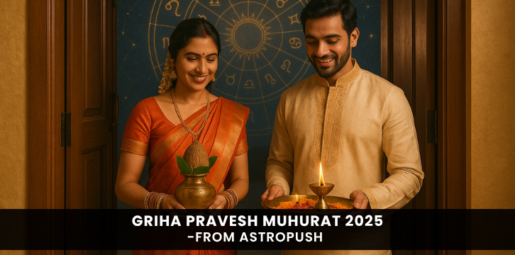 Young Indian couple performing Griha Pravesh rituals during an auspicious muhurat in 2025 for a new home entry.
