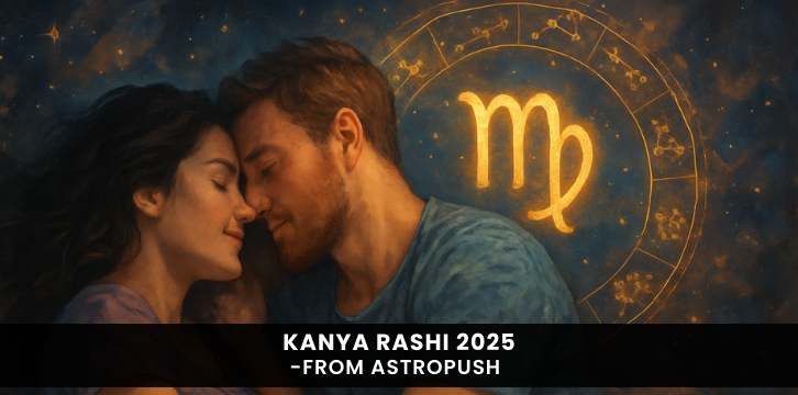 Kanya Rashi 2025 yearly horoscope image showing astrological theme with couple symbolizing love, growth, and Virgo energy.