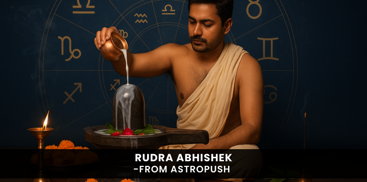 Priest performing Rudra Abhishek by pouring milk on Shivling, a sacred Vedic ritual to please Lord Shiva and seek divine blessings.