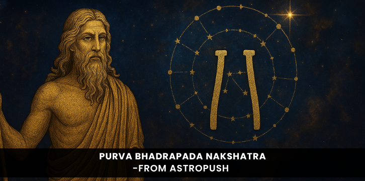 Illustration of Purva Bhadrapada Nakshatra symbol and deity with cosmic background, reflecting its traits and spiritual meaning.