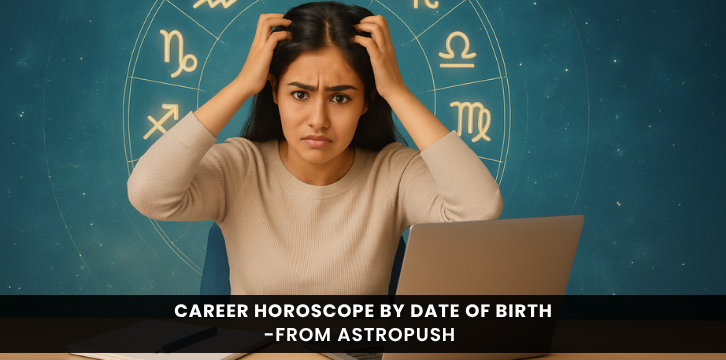 Confused Indian girl scratching head at desk with zodiac signs in background, symbolizing career horoscope by date of birth.
