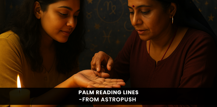 Indian palm reader interpreting palm lines of a woman, revealing insights about love, career, and life through palmistry