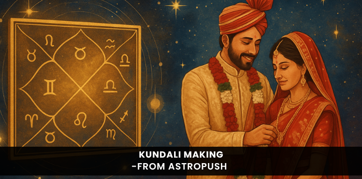 Illustration of kundali making with horoscope chart and Indian couple symbolizing marriage and astrological compatibility.