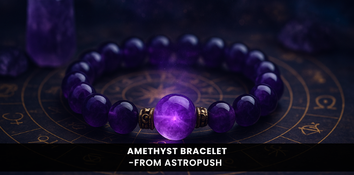 Realistic amethyst bracelet glowing on astrological chart, symbolizing its healing power, beauty, and spiritual benefits.