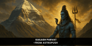 Lord Shiva meditating before Mount Kailash, the sacred Himalayan peak symbolizing divine power and spiritual mystery.