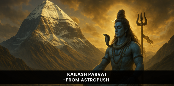 Lord Shiva meditating before Mount Kailash, the sacred Himalayan peak symbolizing divine power and spiritual mystery.