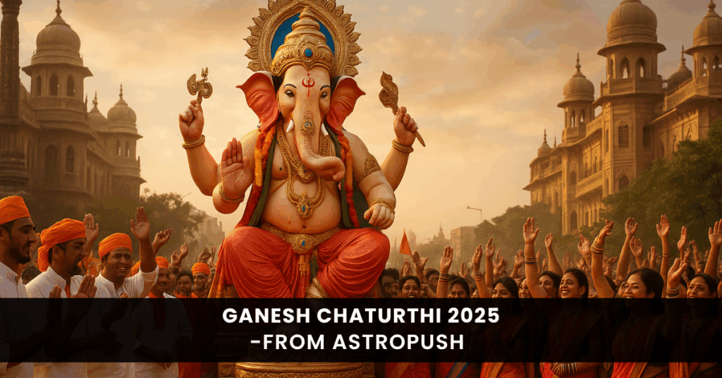 Devotees celebrating Ganesh Chaturthi 2025 with joy, traditional rituals, and grand idol procession in vibrant community gathering