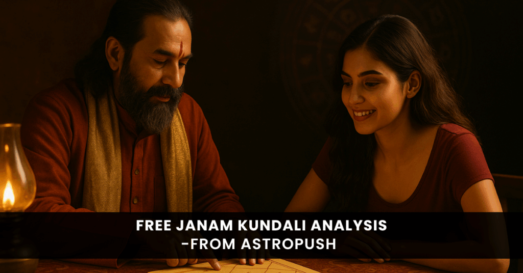 Astrologer analyzing a Janam Kundali chart to reveal life insights through free Vedic astrology analysis.
