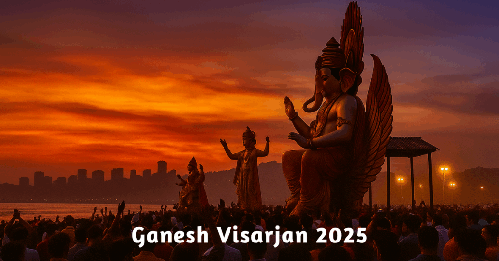 Devotees performing Ganesh Visarjan 2025 rituals with idols immersed in the sea