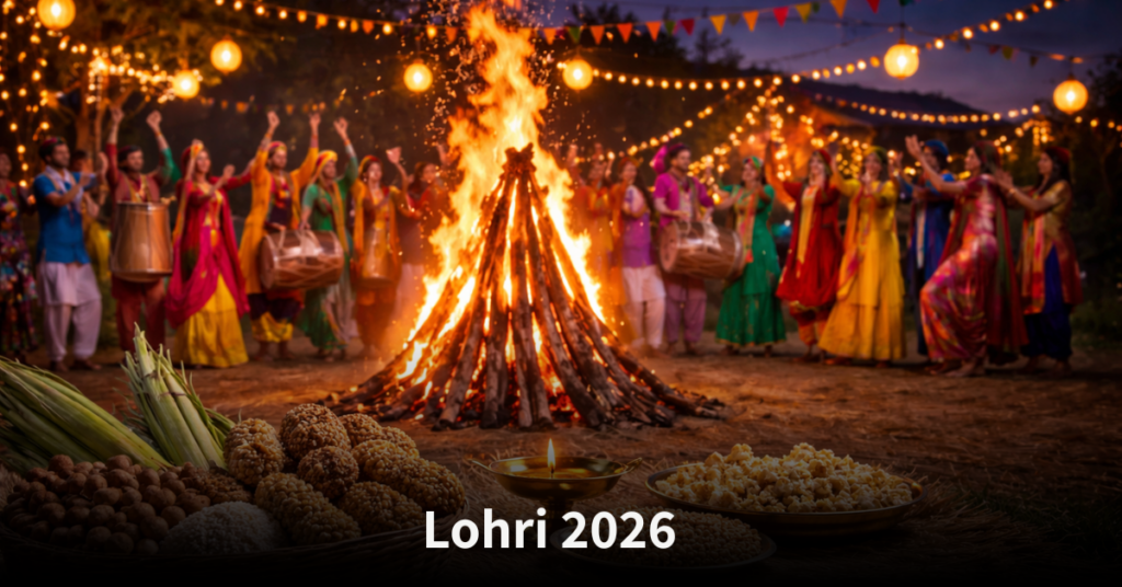 Lohri 2026 celebration showing bonfire, traditional rituals, festive offerings, and astrological significance of the harvest festival
