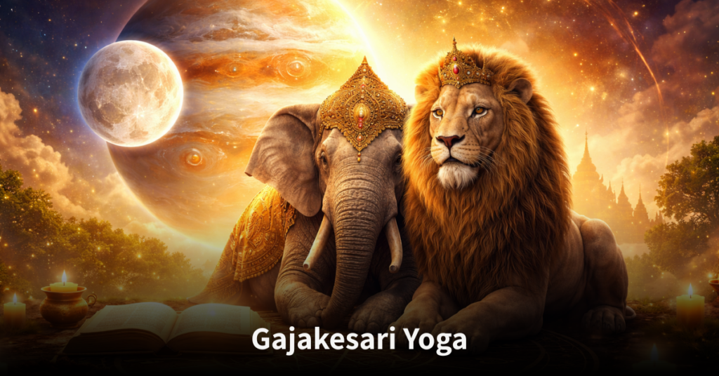 Gajakesari Yoga showing Jupiter and Moon alignment with its meaning, benefits, and effects in Vedic astrology
