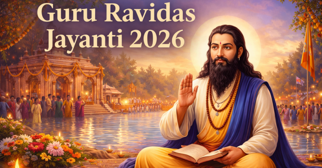 Guru Ravidas Jayanti 2026 celebration with devotees, temple, and spiritual rituals in a serene setting
